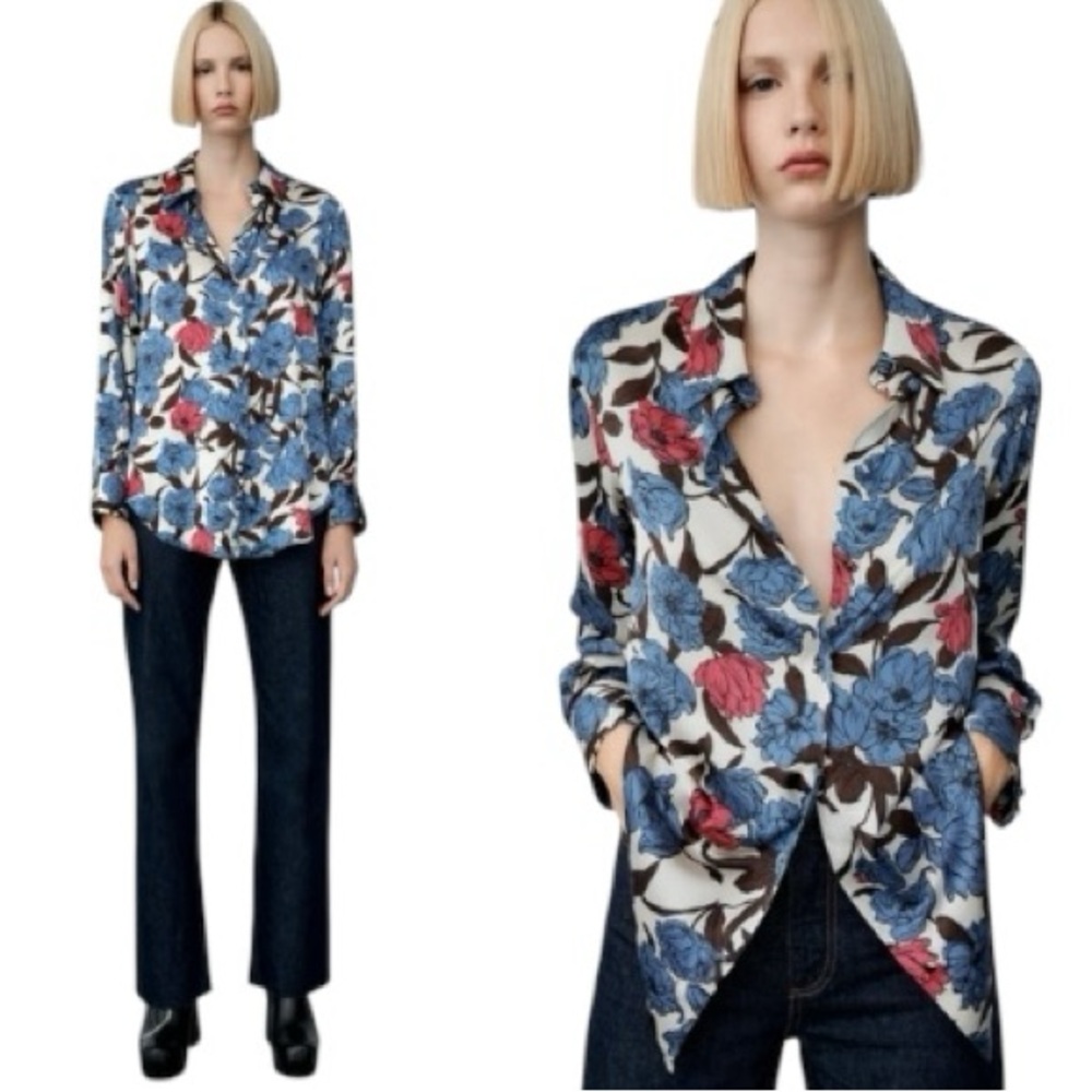 Zara Blue Brown Pink Floral Printed Satin Effect Button Down Blouse - S